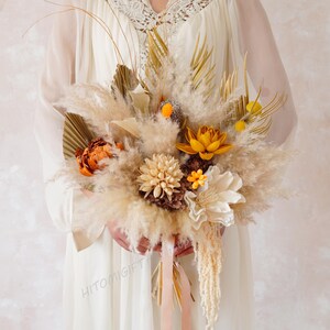 Cream + Tan Peony Dried Flower Bouquet/Palms Leaves Bouquet/Dried Flower Bouquet/Wedding Flowers/Boho Wedding Bouquet/Bridal Bouquet
