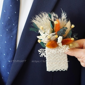 Greenery Eucalyptus Terracotta Wedding Boutonniere,Burnt Orange Pocket Boutonniere,Groom Buttonhole,Dried flower Boho rustic Boutonniere