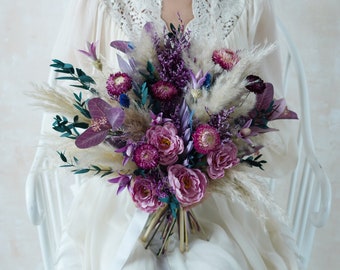 Bouquet de mariage violet, mariage de fleurs séchées, bouquet de mariage, bouquet de mariée, bouquet de demoiselle d’honneur de mariée de fleur artificielle, bouquet de mariée