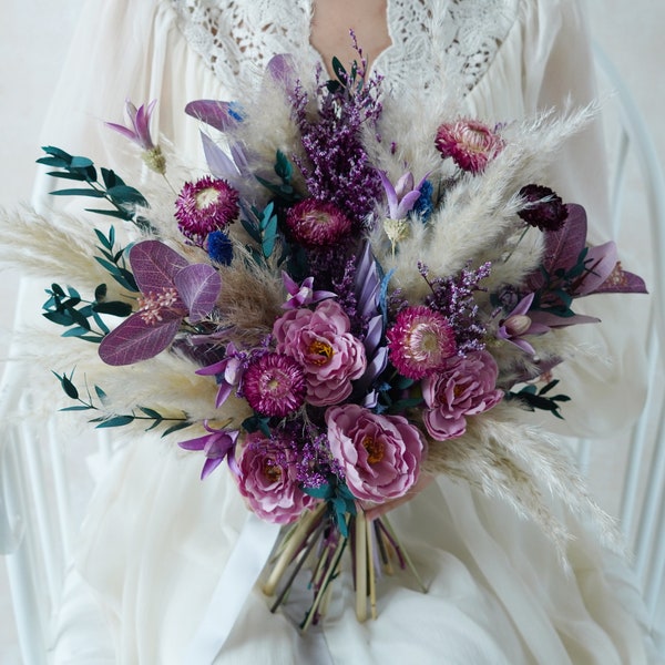 Bouquet de mariage violet, mariage de fleurs séchées, bouquet de mariage, bouquet de mariée, bouquet de demoiselle d’honneur de mariée de fleur artificielle, bouquet de mariée