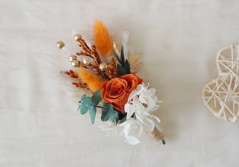 Boho Rust Terracotta boutonniere,Burnt Orange Boutonnieres,Fall Autumn wedding mini bouquet,Dried flower grooms boutonniere,Boutonniere image 7