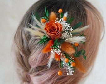 Terracotta Bridal hair Comb,Orange Bridal Hair Comb,Dried Flower Hair Comb,Bridal Accessories,Wedding Flower Comb,Boho Wedding Headpiece