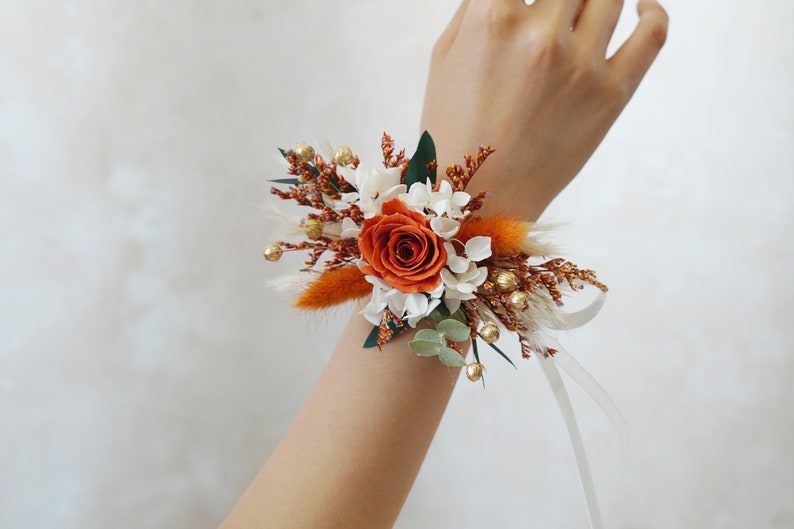 Orange Bouquet,Bohemian Wedding Bouquet,Bridal Bouquet,Dried Flower Bouquet,Pampas Grass Bouquet,Wedding Decoration,Bridesmaid Bouquet Wrist Corsages