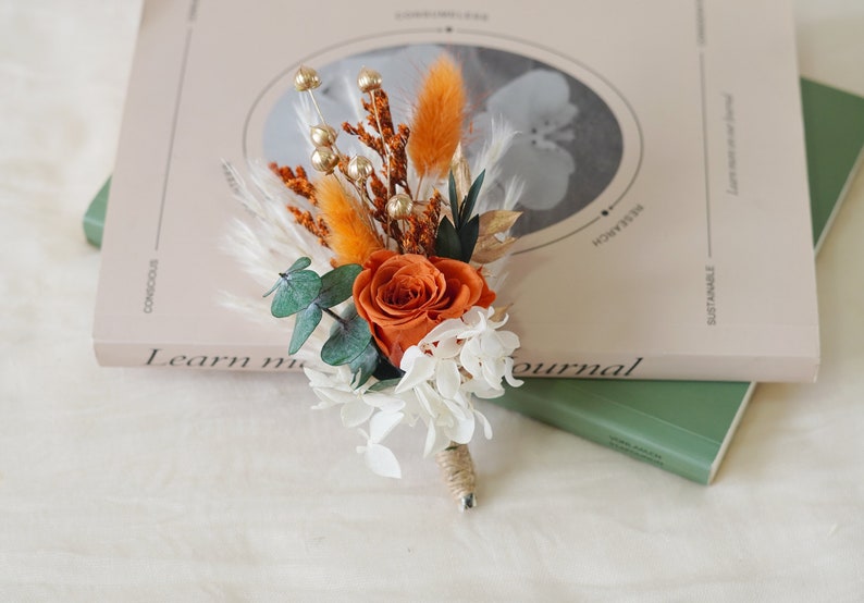 Boho Rust Terracotta boutonniere,Burnt Orange Boutonnieres,Fall Autumn wedding mini bouquet,Dried flower grooms boutonniere,Boutonniere image 9