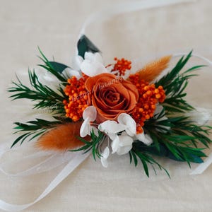 Rust and Green Wrist Corsage,Burnt Orange Rose Wrist Corsage,Flower Bracelet/Wedding Corsage,Dried Flower Corsage,Bride/Bridesmaid Corsage