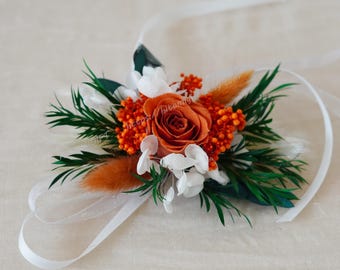 Corsage de poignet rouille et vert, corsage de poignet rose orange brûlé, bracelet de fleurs/corsage de mariage, corsage de fleurs séchées, corsage de mariée/demoiselle d'honneur