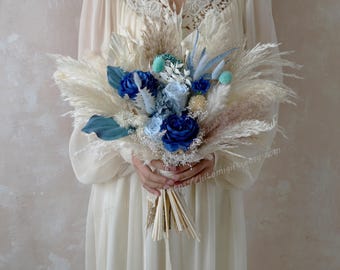 Blue and Ivory Wedding Bouquet,Blue Dried Flower Bouquet,Boho Wedding bouquet,Bridal bouquet,Dried flower,Artificial wedding bouquets