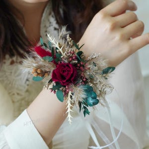 Claret Rose Corsage/Wrist corsage/Wedding Corsage/Dried Flower Corsage/Bridal Corsage/Pampas Grass Corsage/Flower Bracelet/Handmade Corsage
