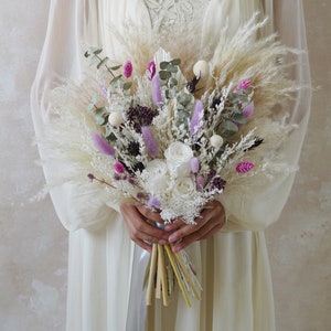 Eucalyptus&White Rose Wedding Bouquet,Purple Bridal Bouquet,Pampas Grass Bouquet,Boho Wedding Bouquet,Purple Wedding Bouquet,Wedding Bouquet