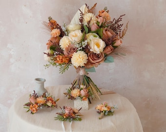 Terra cotta & Champagne Fall Bouquet,Fall Wedding Bouquet, Bride And Bridesmaids,Fall Silk Flower Bouquet,Rustic Wedding Bouquet