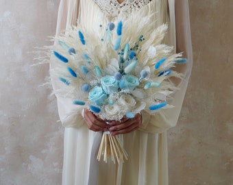 Blue and Ivory Wedding Bouquet,Blue Dried Flower Bouquet,Boho Wedding bouquet,Bridal bouquet,Dried flower,Artificial wedding bouquets