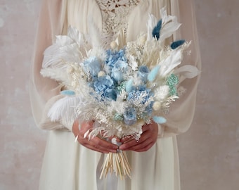 Dusty Blue Bouquet,Pampas Grass Bouquet,Feather Bouquet,Blue Wedding Bouquet,Boho Bouquet,Artificial Flower Bouquet,Blue Bouquet