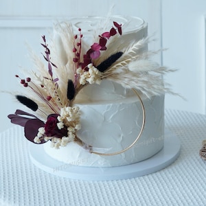 Decorazione per torta a forma di corona - Decorazione per torta con fiori secchi - Decorazione per torta per feste - Ghirlanda per baby shower - Decorazione per torta nuziale - Decorazione per torta nuziale color bordeaux