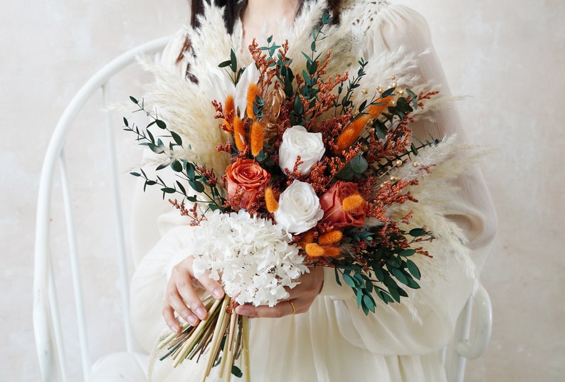 Orange Bouquet,Bohemian Wedding Bouquet,Bridal Bouquet,Dried Flower Bouquet,Pampas Grass Bouquet,Wedding Decoration,Bridesmaid Bouquet image 2