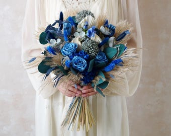 Blue Bouquet,Dusty Blue Bouquet,Flower Girl Bouquet,Blue Wedding Bouquet,Boho Bouquet,Artificial Flower Bouquet,Pampas Grass Bouquet