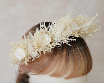 Corona de flores blancas puras/Corona floral delicada para bodas/Corona de flores secas/Tiara de boda/Tocado blanco/Corona de rosas