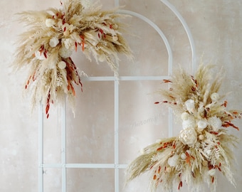 Fondo de boda en color naranja quemado y crema, arco de flores para boda, arco de flores secas para boda, arco de flores boho, arco de flores de hierba de la pampa para boda