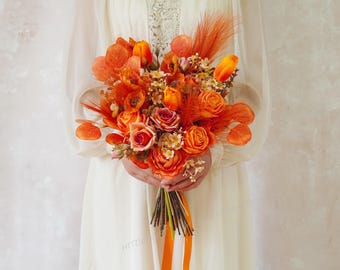 Ramos de novia naranjas, ramo de flores de seda naranjas, ramos de novia otoñales, ramo de novia, ramo rústico con colores otoñales