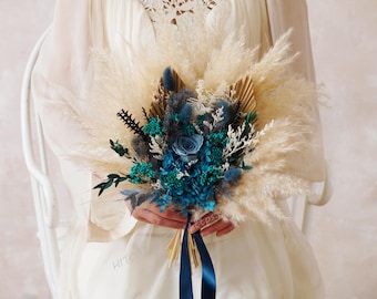Navy Blue Bridal Bouquet,Blue Wedding Bouquet,Navy Blue Dried Flower Bouquet,Dusty Blue Dried Flower Wedding Rustic Boho,Bridal Bouquet