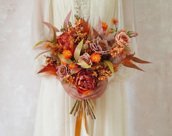Ramo de flores de seda naranja, ramos de boda otoñales, ramo de novia, ramo rústico con colores otoñales, ramo artificial naranja quemado