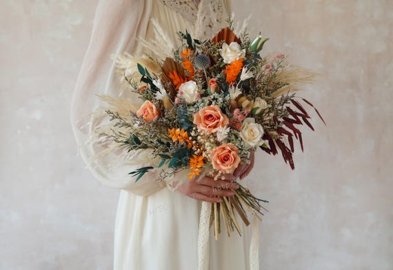 Rinlong Bouquet Da Sposa Boho Asimmetrico – Mazzo Di Fiori Autunnali In Tonalità Arancione Bruciato E Terracotta - 2