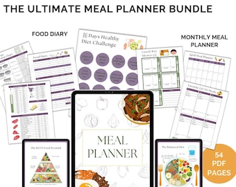 Planificador de comidas imprimible de 54 páginas, planificación semanal de comidas y listas de compras, preparación de comidas, inventario de despensa, descarga instantánea, registro de dieta (PDF)