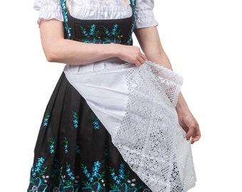 Classic Black Mid-Calf Dirndl Dress with Blue and White Bavarian Stitching – Authentic German Oktoberfest Dress, Plus Sizes Available