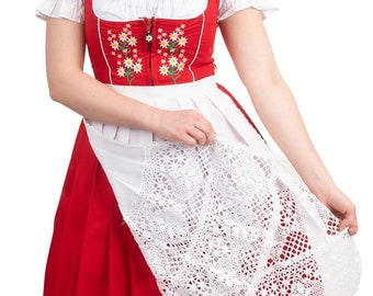 Elegant Long Red Dirndl Set – Genuine German Elegance with White Floral Bavarian Embroidery, Includes Trachten Blouse & White Lace Apron