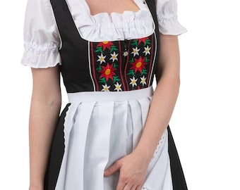 Classic Black Below-the-Knee Dirndl Dress with Red and White Bavarian Stitching – Authentic German Oktoberfest Dress, Plus Sizes Available