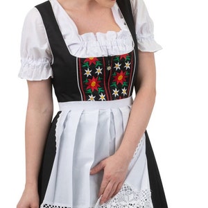 Klassieke zwarte Dirndl-jurk tot onder de knie met rode en witte Beierse stiksels – Authentieke Duitse Oktoberfest-jurk, grote maten beschikbaar