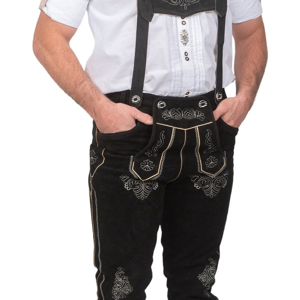 Authentic 2 Piece Black Lederhosen Leather Pants with Suspenders, Oktoberfest Outfit, Real German Attire