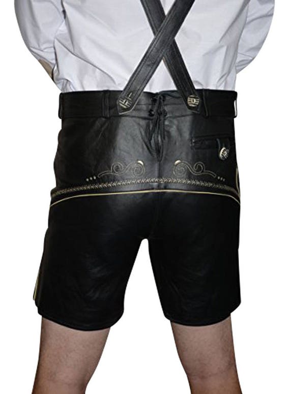 Short traditionnel en lederhosen noir 2 pieces pour homme cuir veritable veritable mode bavaroise