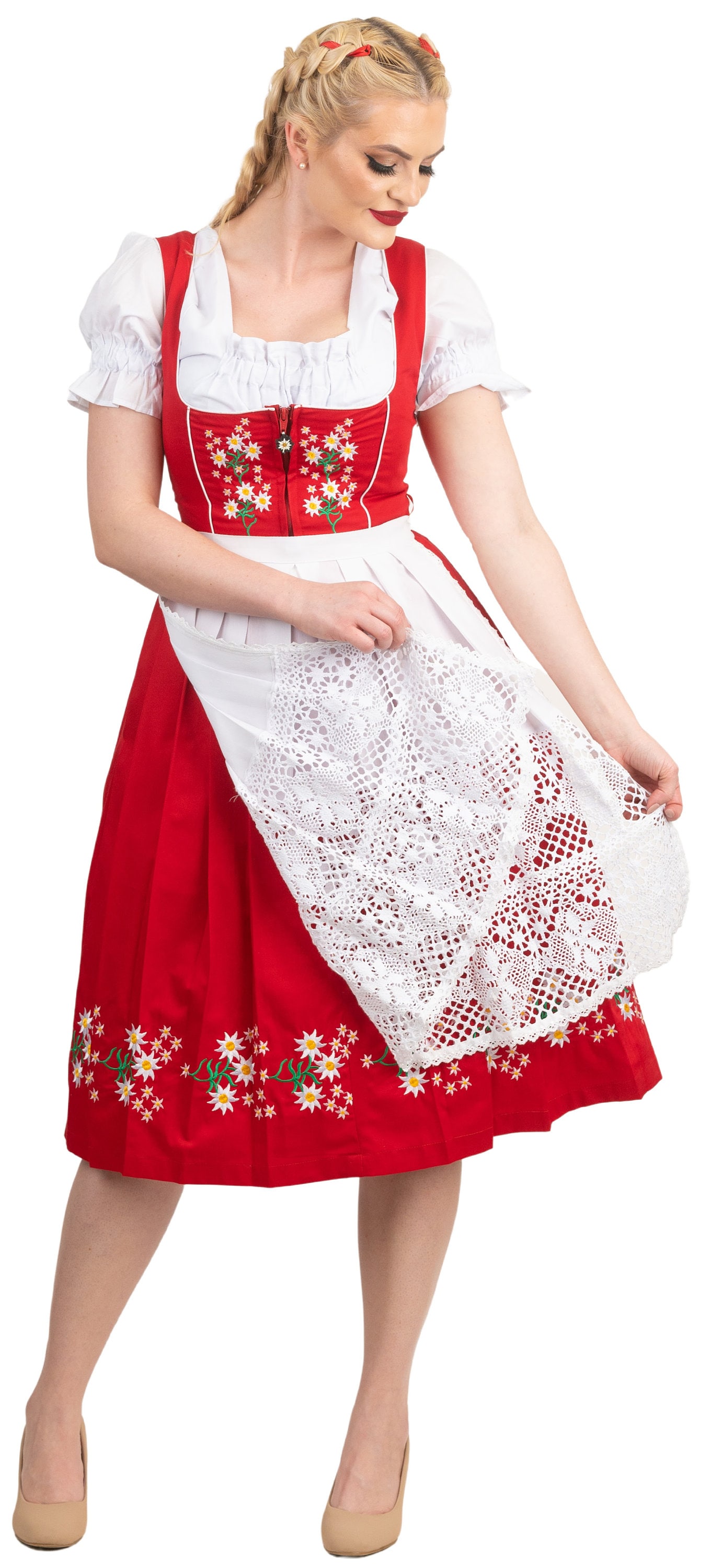 Elegant Long Red Dirndl Set Genuine German Elegance With White