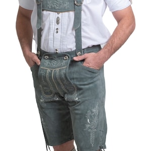 Classic 2 Piece Grey Lederhosen Shorts - Celebrate Oktoberfest in Style, Real German Clothing Made from Real Quality Leather