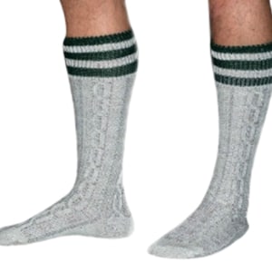 May include: Gray knee-high socks with green and white stripes around the top.