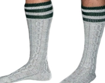 Traditional Long Braided Lederhosen Socks - Gray with Green Trim, Authentic Bavrian Socks for Oktoberfest Apparel