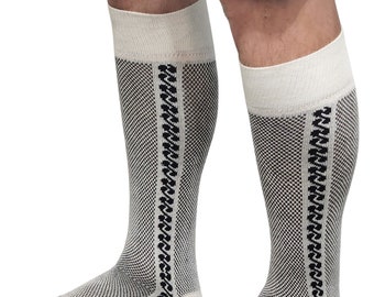 Traditional Long Braided Lederhosen Socks - Authentic Oktoberfest Apparel, Beige Socks with Black Trim Design
