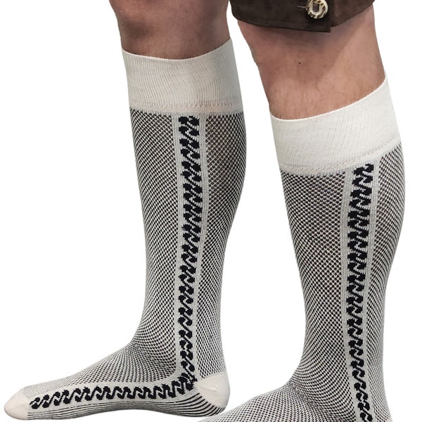 Traditional Long Braided Lederhosen Socks - Authentic Oktoberfest Apparel, Beige Socks with Black Trim Design