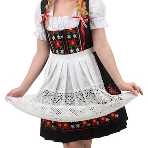 Short Black Dirndl Set – Red & White Floral Embroidery, 3-Piece Ensemble, Includes Trachten Blouse and Apron, Authentic Women’s German Dress