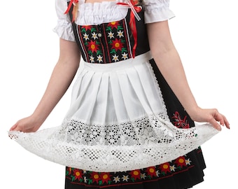 Short Black Dirndl Set – Red & White Floral Embroidery, 3-Piece Ensemble, Includes Trachten Blouse and Apron, Authentic Women’s German Dress