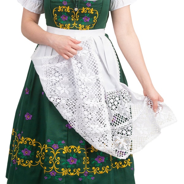 Elegant 3-Piece Long Green Dirndl Dress Set for Bavarian Festivities, Oktoberfest, Beer Celebrations, Includes Lace Apron & Trachten Blouse