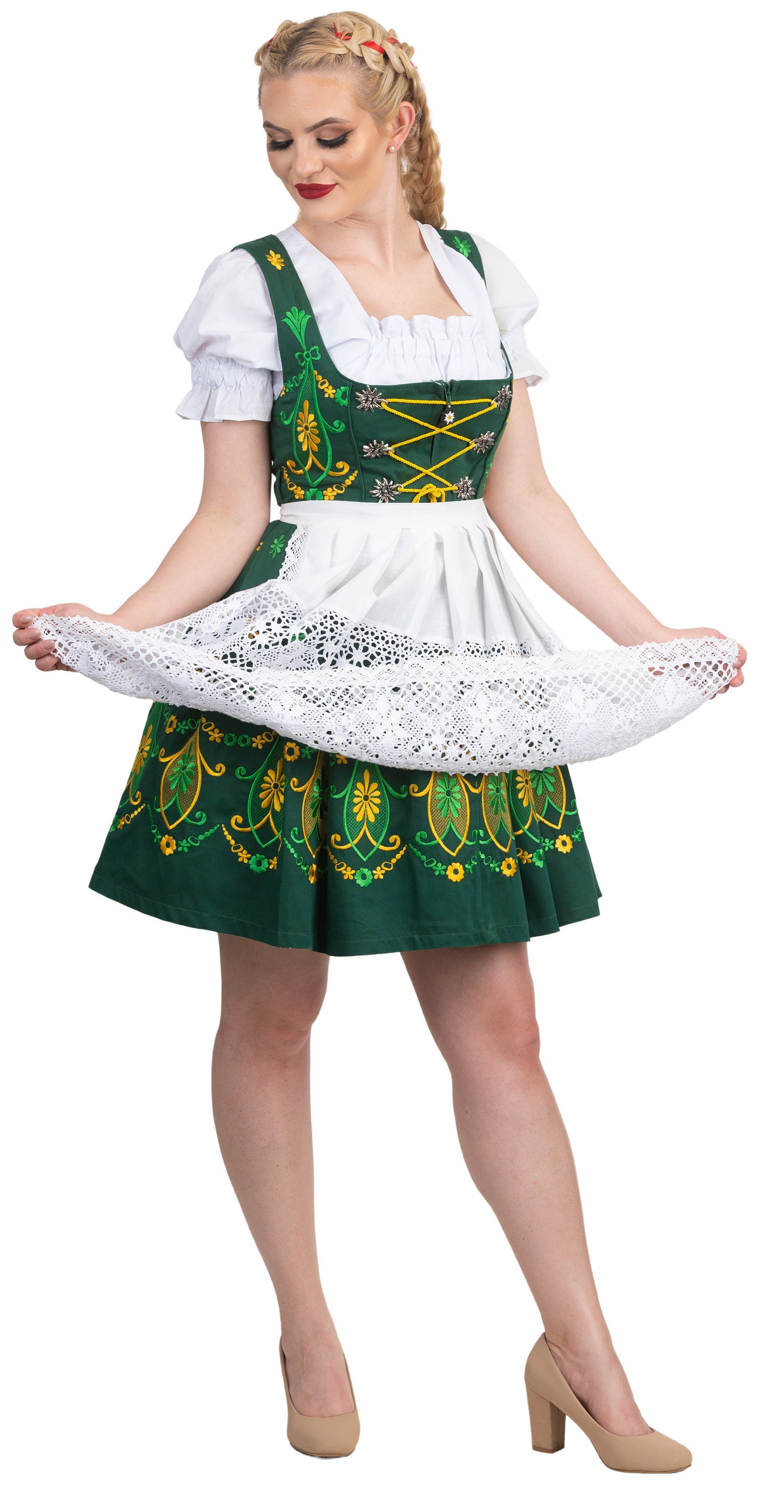 Dirndl Trachten Haus Abito Dirndl Tedesco Ricamato Per Oktoberfest, Taglie XS-2XL, Completo Con Grembiule E Top Corto Set Dirndl 3 Pezzi