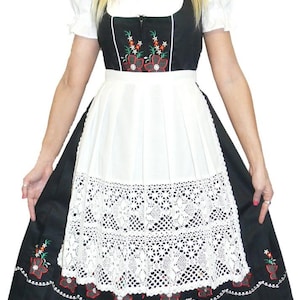Long Black Dirndl Dress Set with Red & White Authentic Bavarian Embroidery, Below the Knee, 3 Piece Set with Apron and Trachten Blouse