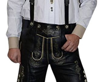 Traditional Men’s 2 Piece Black Lederhosen Shorts, Real Leather, Genuine Bavarian Fashion