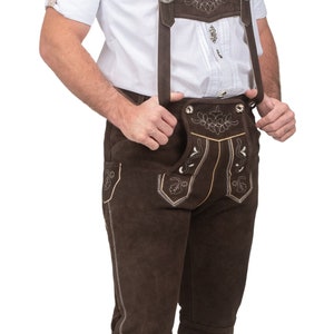 Traditional Bavarian Brown Lederhosen Pants for Men - True German Fashion, Suspenders Included, Real Leather