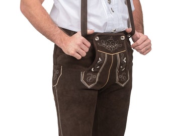 Traditional Bavarian Brown Lederhosen Pants for Men - True German Fashion, Suspenders Included, Real Leather