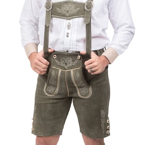 Authentic Men&#39;s Green Lederhosen Shorts with Matching Suspenders, Celebrate Oktoberfest in Traditional Bavarian Style