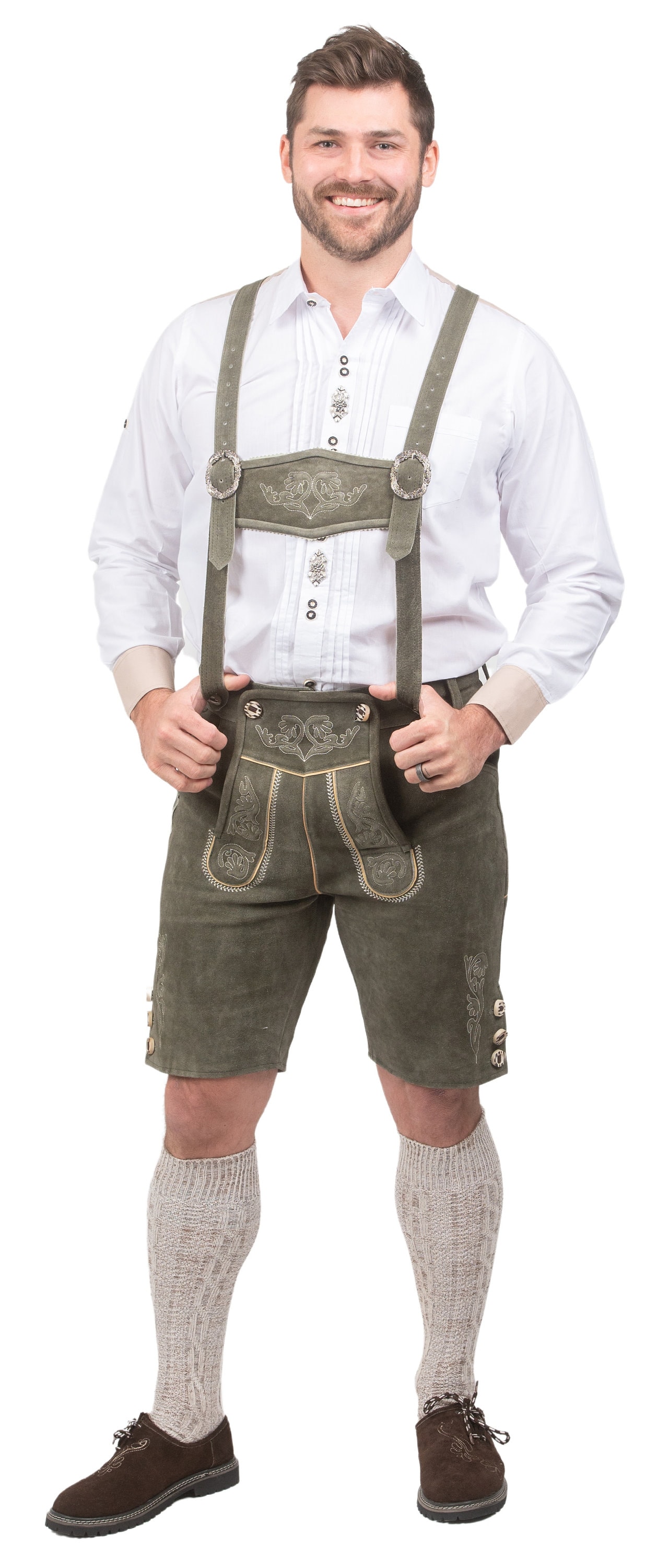 Authentic Men's Green Lederhosen Shorts with Matching Suspenders, Celebrate Oktoberfest in Traditional Bavarian Style