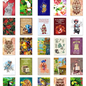 May include: A collection of rectangular art prints with various designs, including a cat, a parrot, a peacock feather, floral patterns, owls, and a dog. The prints are labeled "Made in USA".