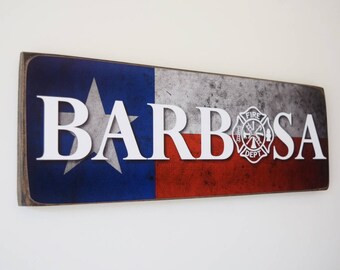 Regalo de bombero, Regalo de bombero, Signo de nombre de bombero de Texas, Decoración del estado de bombero, Apellido, Decoración de bombero, Signo de bombero, HeroSigns